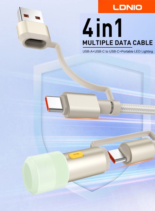 LDNIO 4-in-1 Multi Charger Cable – USB-C 65W + USB-A 50W + Lightning 12W + Portable Torch, Fast Charging for iPhone 17/12 Pro, Android Phones, Tablets & Laptops, 1.2m, High-Speed Data 480Mbps, Aluminum Alloy + PET/PP Weaving - Image 1